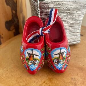 Miniature Red Dutch Wooden Clogs with Windmill and Floral Design